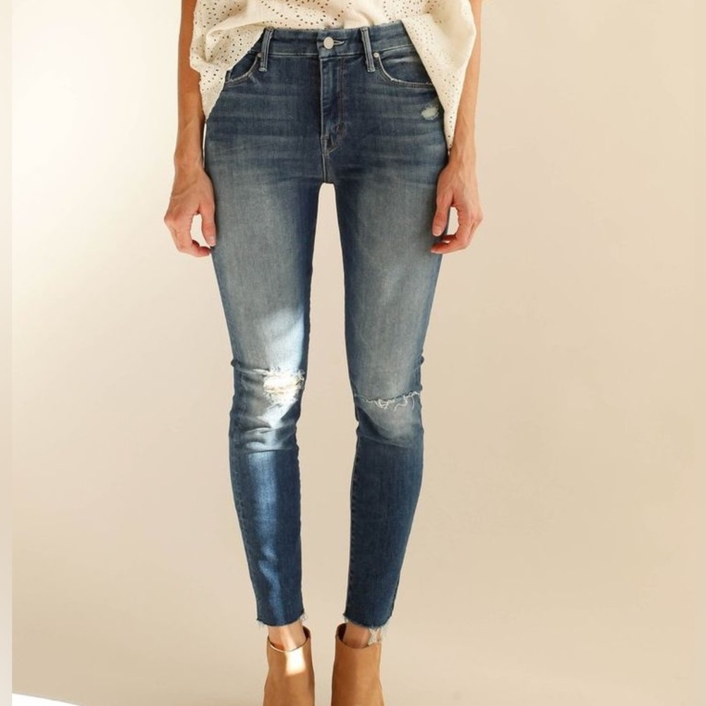 mother denim high waisted looker ankle fray furiously happy distressed blue